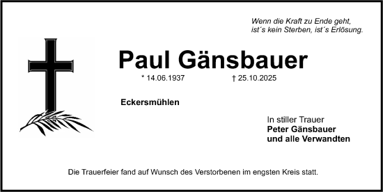 Traueranzeige von Paul Gänsbauer von Roth-Hilpoltsteiner Volkszeitung Lokal