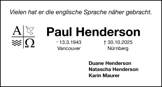 Traueranzeige von Paul Henderson von Gesamtausgabe Nürnberger Nachrichten/ Nürnberger Ztg.