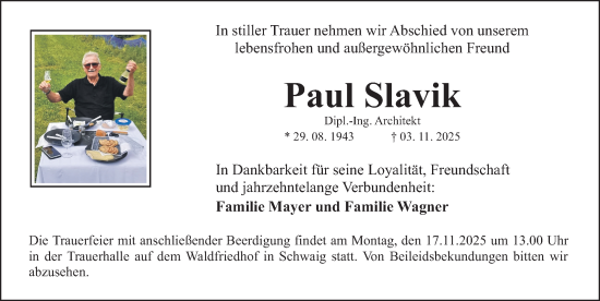 Traueranzeige von Paul Slavik von Gesamtausgabe Nürnberger Nachrichten/ Nürnberger Ztg.