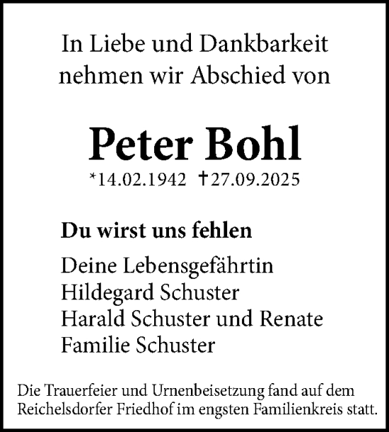 Traueranzeige von Peter Bohl von Gesamtausgabe Nürnberger Nachrichten/ Nürnberger Ztg.