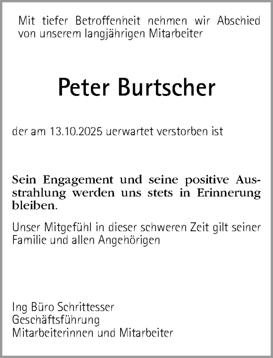 Traueranzeige von Peter Burtscher von Gesamtausgabe Nürnberger Nachrichten/ Nürnberger Ztg.