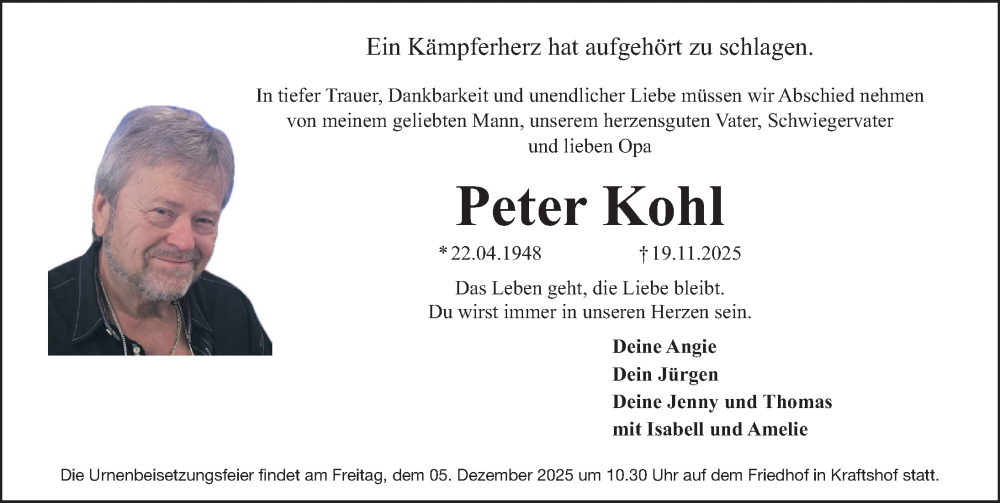  Traueranzeige für Peter Kohl vom 29.11.2025 aus Gesamtausgabe Nürnberger Nachrichten/ Nürnberger Ztg.