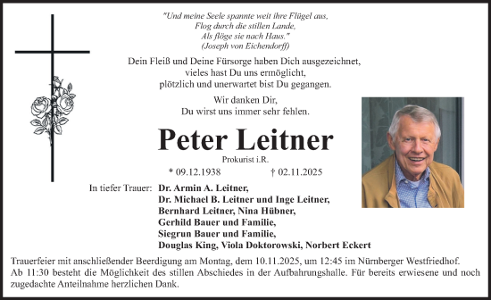 Traueranzeige von Peter Leitner von Gesamtausgabe Nürnberger Nachrichten/ Nürnberger Ztg.