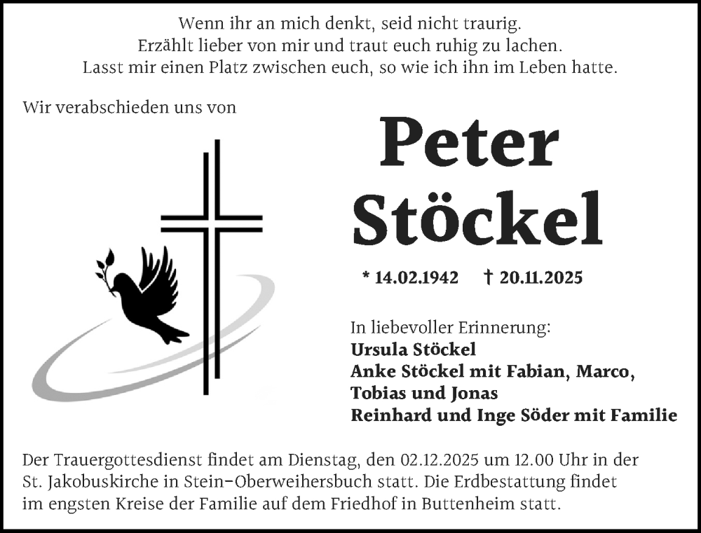  Traueranzeige für Peter Stöckel vom 29.11.2025 aus Gesamtausgabe Nürnberger Nachrichten/ Nürnberger Ztg.
