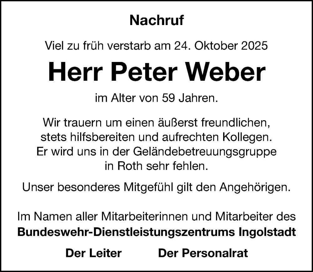  Traueranzeige für Peter Weber vom 08.11.2025 aus Roth-Hilpoltsteiner Volkszeitung Lokal