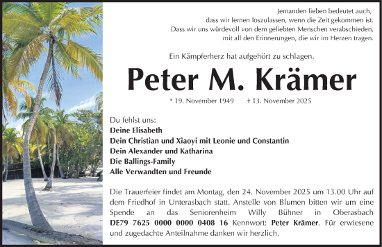Traueranzeige von Peter M. Krämer von Fürther Nachrichten Lokal