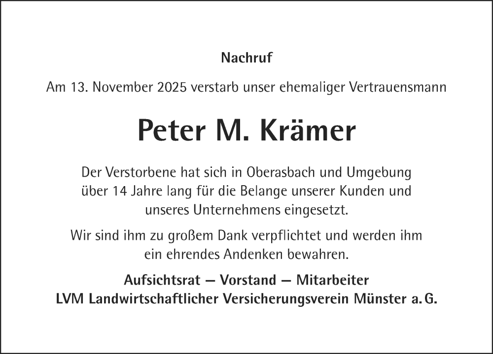  Traueranzeige für Peter M. Krämer vom 29.11.2025 aus Fürther Nachrichten Lokal