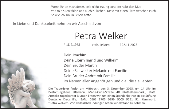 Traueranzeige von Petra Welker von Erlanger Nachrichten Lokal