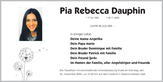 Traueranzeige von Pia Rebecca Dauphin von Fürther Nachrichten Lokal