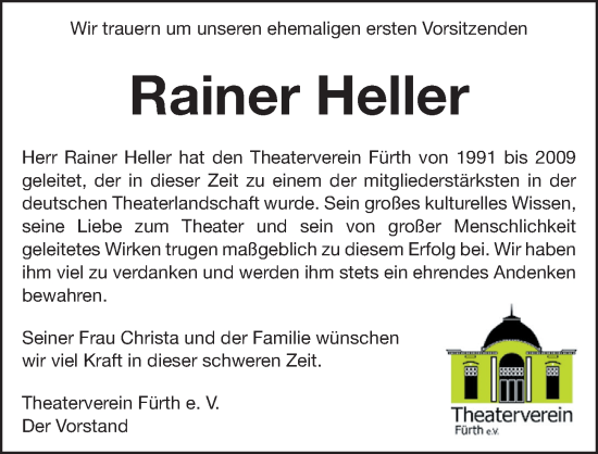 Traueranzeige von Rainer Heller von Fürther Nachrichten Lokal