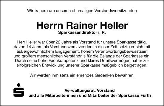 Traueranzeige von Rainer Heller von Fürther Nachrichten Lokal
