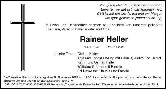Traueranzeige von Rainer Heller von Fürther Nachrichten Lokal