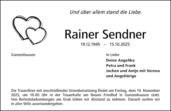 Traueranzeige von Rainer Sendner von Altmühl-Bote Lokal