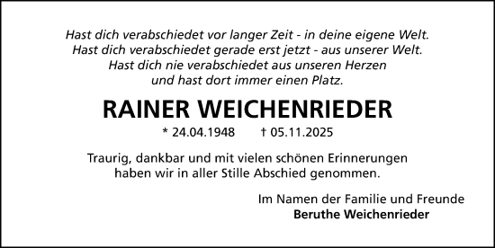 Traueranzeige von Rainer Weichenrieder von Gesamtausgabe Nürnberger Nachrichten/ Nürnberger Ztg.
