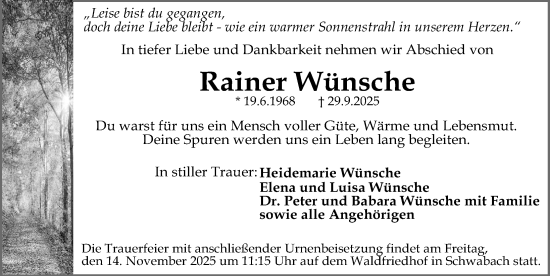 Traueranzeige von Rainer Wünsche von Schwabacher Tagblatt Lokal