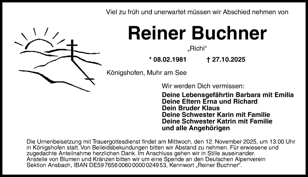  Traueranzeige für Reiner Buchner vom 08.11.2025 aus Altmühl-Bote Lokal