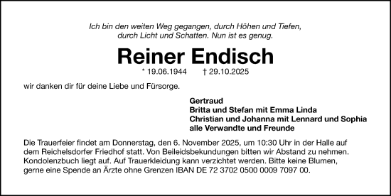 Traueranzeige von Reiner Endisch von Gesamtausgabe Nürnberger Nachrichten/ Nürnberger Ztg.