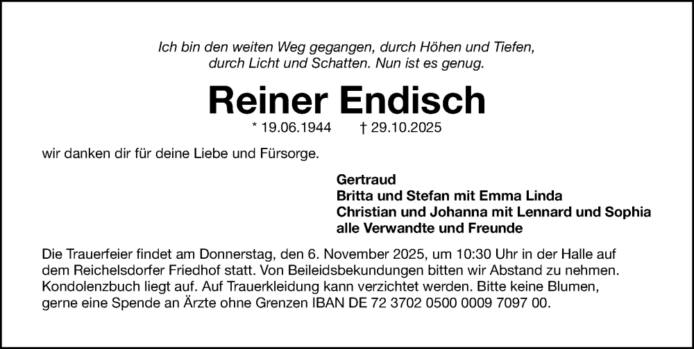  Traueranzeige für Reiner Endisch vom 03.11.2025 aus Gesamtausgabe Nürnberger Nachrichten/ Nürnberger Ztg.