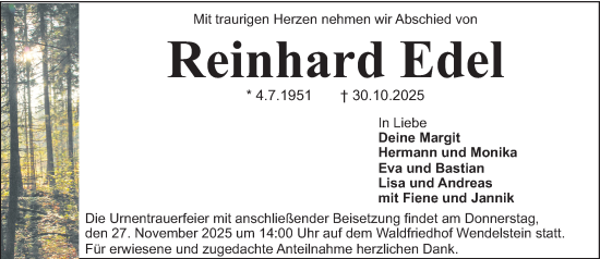 Traueranzeige von Reinhard Edel von Gesamtausgabe Nürnberger Nachrichten/ Nürnberger Ztg.