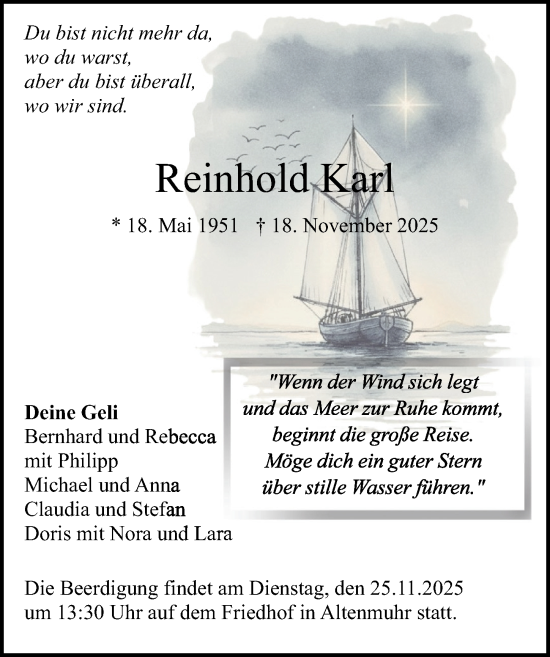 Traueranzeige von Reinhold Karl von Altmühl-Bote Lokal