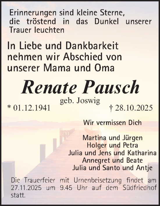 Traueranzeige von Renate Pausch von Gesamtausgabe Nürnberger Nachrichten/ Nürnberger Ztg.