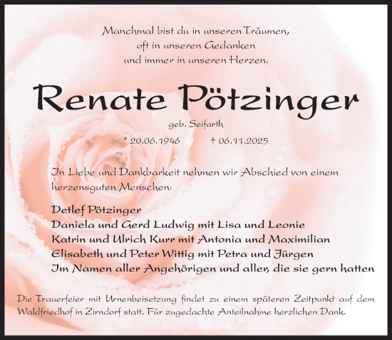 Traueranzeige von Renate Pötzinger von Gesamtausgabe Nürnberger Nachrichten/ Nürnberger Ztg.