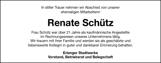 Traueranzeige von Renate Schütz von Erlanger Nachrichten Lokal