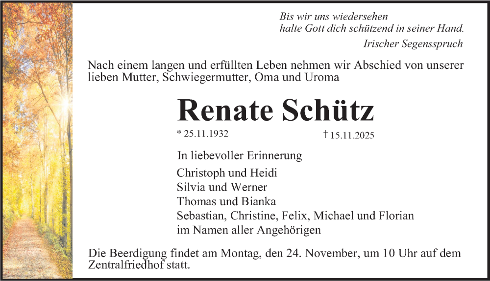  Traueranzeige für Renate Schütz vom 20.11.2025 aus Erlanger Nachrichten Lokal