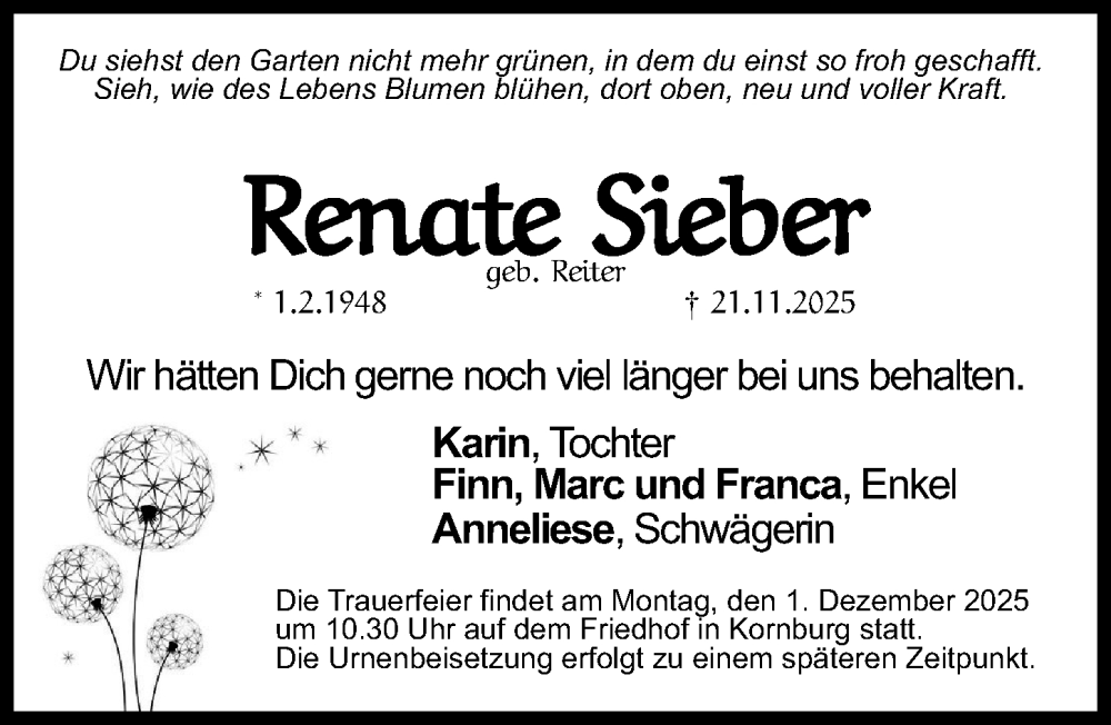  Traueranzeige für Renate Sieber vom 28.11.2025 aus Schwabacher Tagblatt Lokal
