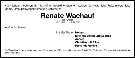 Traueranzeige von Renate Wachauf von Fürther Nachrichten Lokal