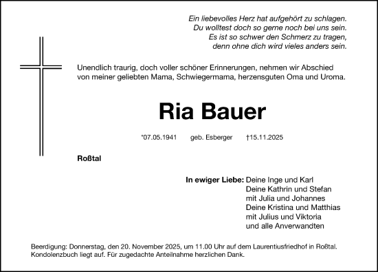 Traueranzeige von Ria Bauer von Fürther Nachrichten Lokal