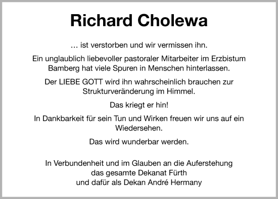 Traueranzeige von Richard Cholewa von Fürther Nachrichten Lokal