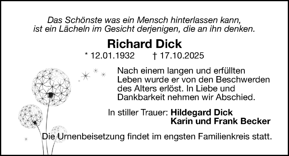  Traueranzeige für Richard Dick vom 05.11.2025 aus Gesamtausgabe Nürnberger Nachrichten/ Nürnberger Ztg.