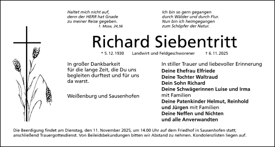 Traueranzeige von Richard Siebentritt von Altmühl-Bote Lokal