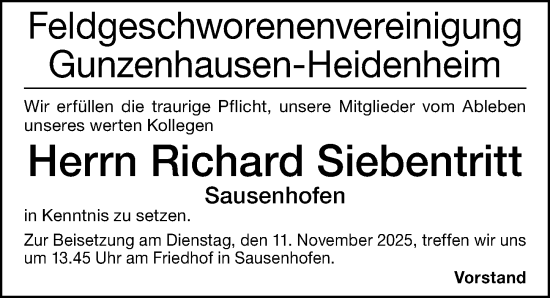 Traueranzeige von Richard Siebentritt von Altmühl-Bote Lokal