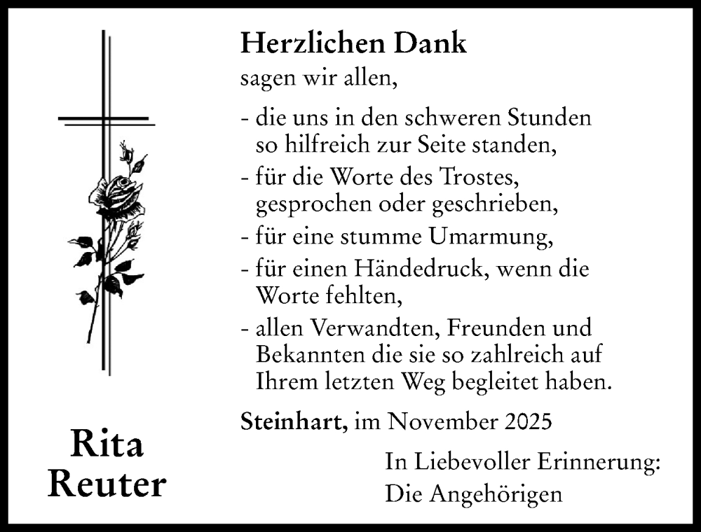 Traueranzeige für Rita Reuter vom 10.11.2025 aus Altmühl-Bote Lokal