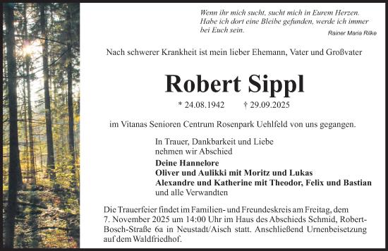 Traueranzeige von Robert Sippl von Gesamtausgabe Nürnberger Nachrichten/ Nürnberger Ztg.