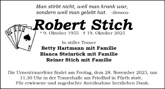 Traueranzeige von Robert Stich von Gesamtausgabe Nürnberger Nachrichten/ Nürnberger Ztg./ Roth-Hilpoltsteiner Volkszeitung