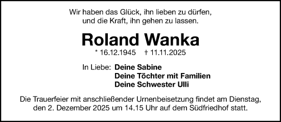 Traueranzeige von Roland Wanka von Gesamtausgabe Nürnberger Nachrichten/ Nürnberger Ztg.