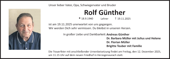 Traueranzeige von Rolf Günther von Nordbayerische Nachrichten Herzogenaurach Lokal
