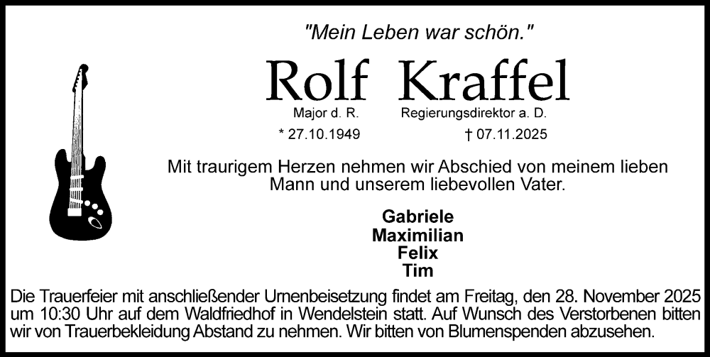  Traueranzeige für Rolf Kraffel vom 22.11.2025 aus Schwabacher Tagblatt Lokal