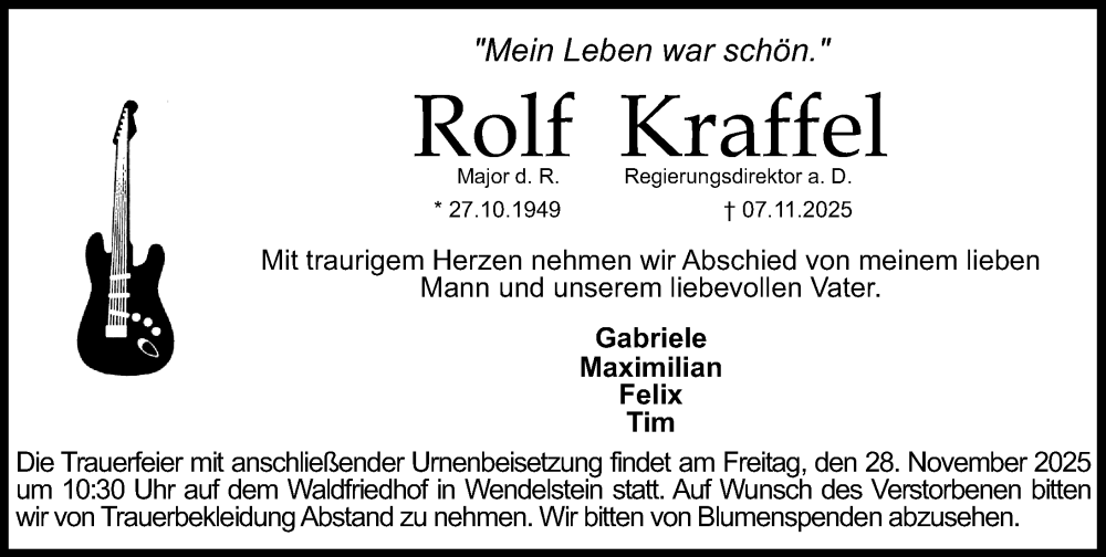  Traueranzeige für Rolf Kraffel vom 22.11.2025 aus Gesamtausgabe Nürnberger Nachrichten/ Nürnberger Ztg.