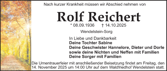 Traueranzeige von Rolf Reichert von Schwabacher Tagblatt Lokal