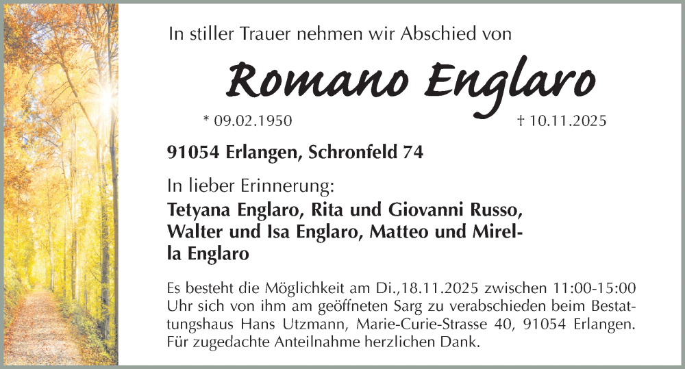  Traueranzeige für Romano Englaro vom 18.11.2025 aus Erlanger Nachrichten Lokal