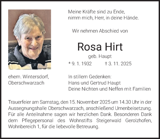 Traueranzeige von Rosa Hirt von Fürther Nachrichten Lokal