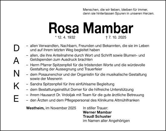 Traueranzeige von Rosa Mambar von Altmühl-Bote Lokal