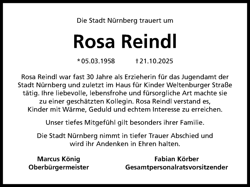  Traueranzeige für Rosa Reindl vom 05.11.2025 aus Gesamtausgabe Nürnberger Nachrichten/ Nürnberger Ztg.