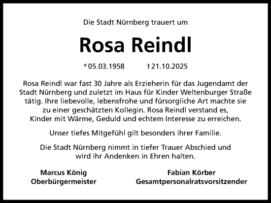 Traueranzeige von Rosa Reindl von Gesamtausgabe Nürnberger Nachrichten/ Nürnberger Ztg.
