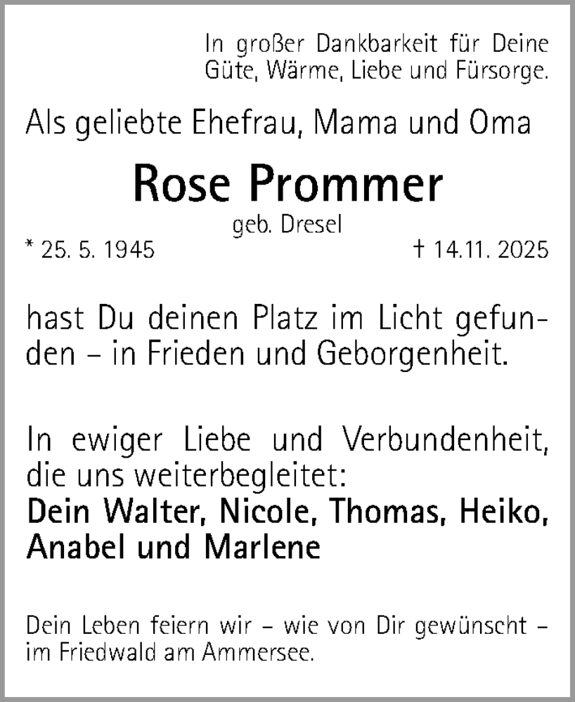  Traueranzeige für Rose Prommer vom 18.11.2025 aus Fürther Nachrichten Lokal