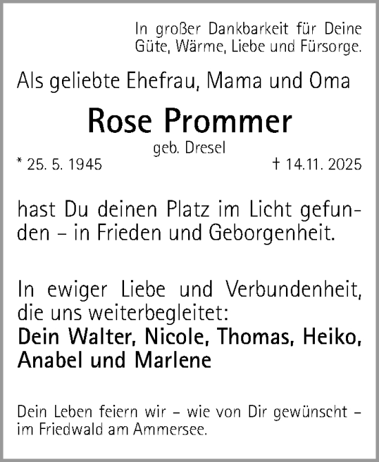 Traueranzeige von Rose Prommer von Fürther Nachrichten Lokal